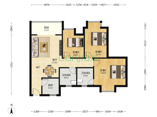 二江花园 3室1厅2卫 106平方