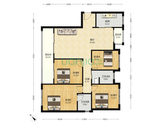 香门第名家 4室1厅2卫 136平方