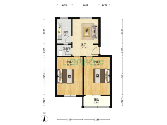 陕鼓社区 2室1厅1卫 61平方