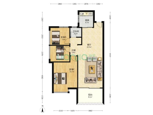 深航幸福花园 3室1厅1卫 89平方