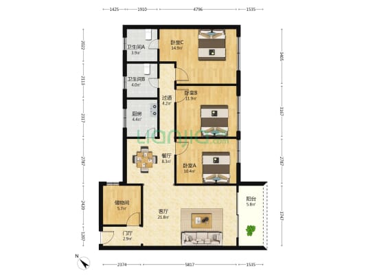 泰华商业城 3室2厅2卫 118平方