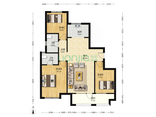 公元景粼公馆 3室1厅2卫 116平方