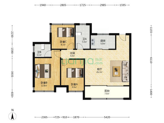 通和融创融耀星辰小区 3室1厅2卫 106平方