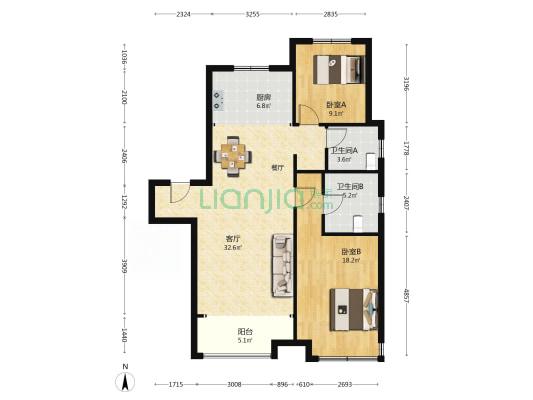 森林公园 2室1厅2卫 112平方