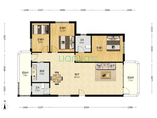 大沥自来水公司宿舍 3室1厅2卫 133平方