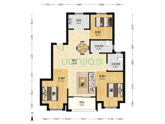 融创杭州湾壹号 3室1厅2卫 108平方