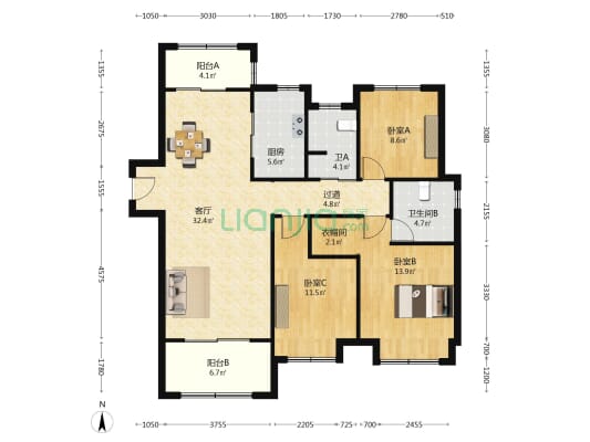 五里华庭 3室1厅2卫 131平方