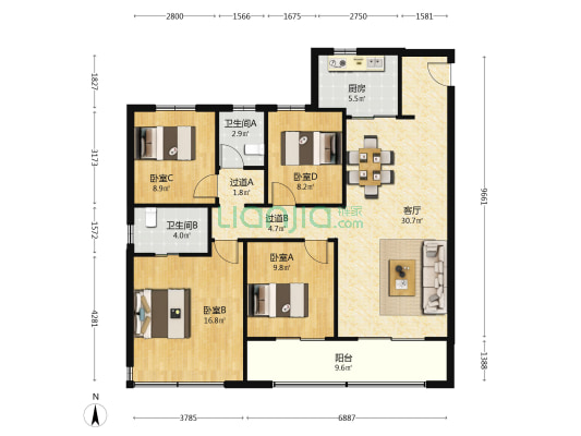 棠宁府 4室1厅2卫 128平方