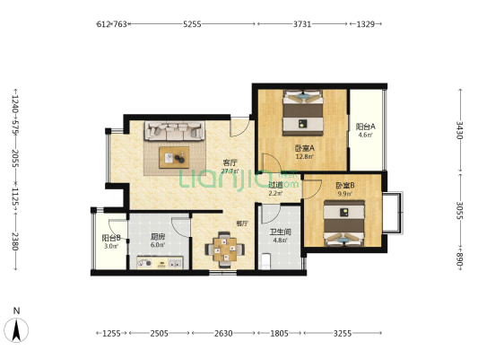 巨获花园 2室1厅1卫 85平方
