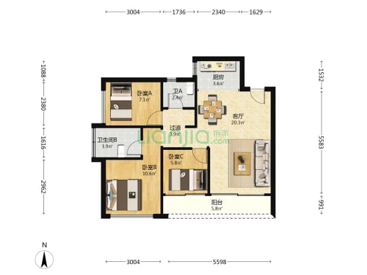 乐府广场 3室1厅2卫 96平方