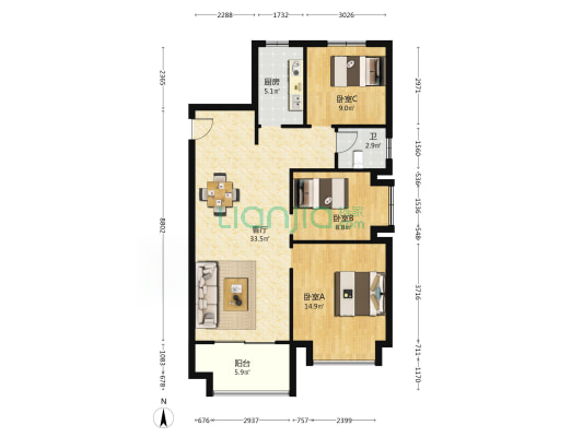 新站畅和苑 3室1厅1卫 112平方