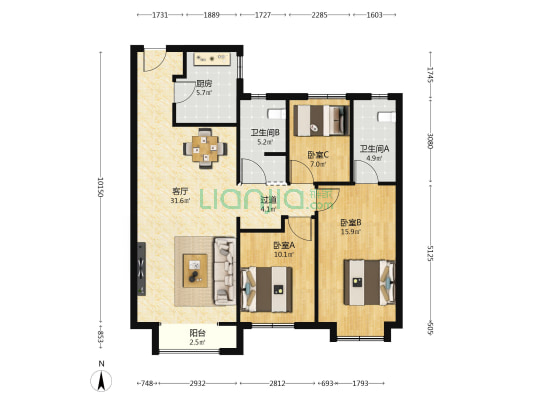 旭辉新城光明路8号 3室1厅2卫 119平方