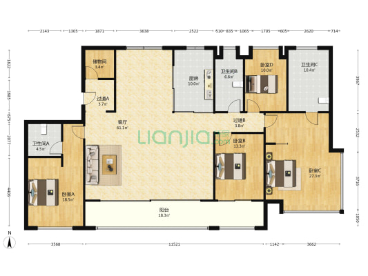 金基瞻月府 4室1厅3卫 222平方