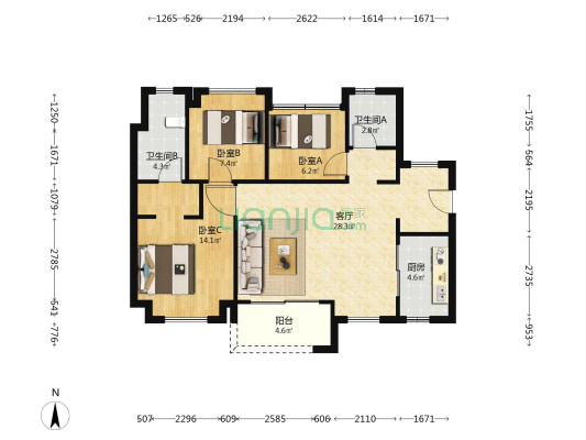 奥园中新誉府 3室1厅2卫 87平方