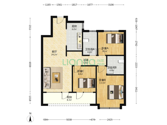 融创中心融耀 3室1厅2卫 118平方