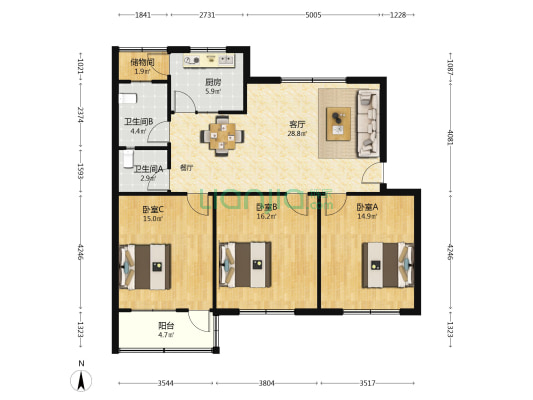 建行家属院 3室1厅2卫 113平方