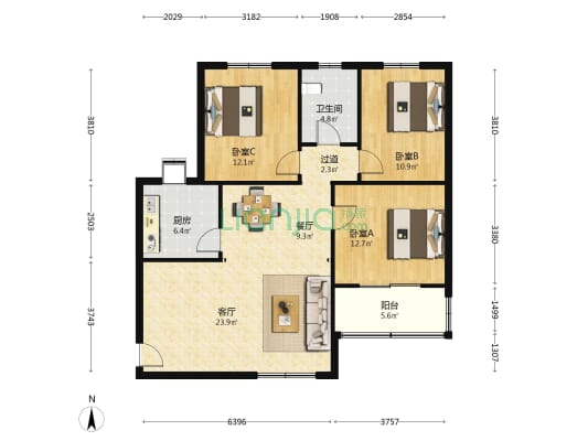 园林局宿舍 3室2厅1卫 105平方