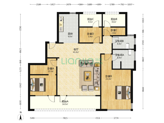 绿城凤栖海棠 4室1厅2卫 168平方