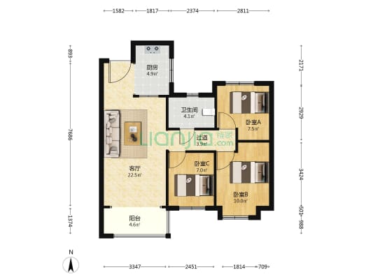 长沙北中心保利时代B区 3室1厅1卫 89平方