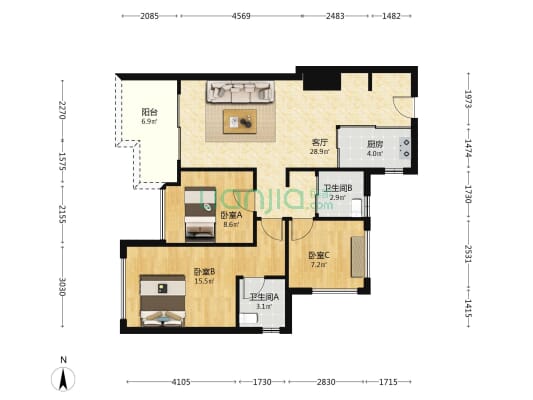 金地明峯府 3室1厅2卫 93平方