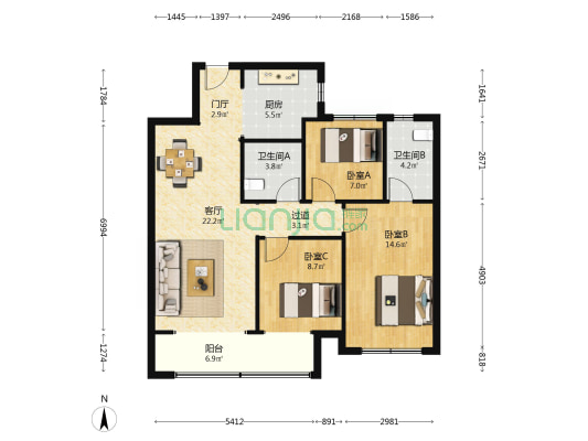 朱瑾台 3室1厅2卫 113平方