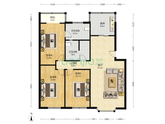 电视塔路168号 3室1厅2卫 134平方