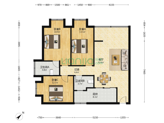 凤凰小区 3室1厅2卫 114平方