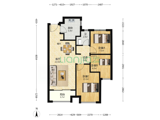 金辉优步花园 3室1厅1卫 88平方