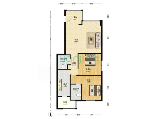 格林府邸 2室1厅2卫 105平方