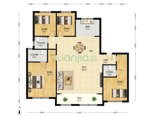 天风锦都 4室1厅3卫 180平方