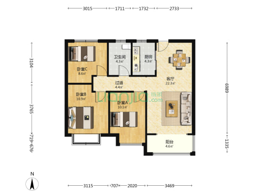 长清世茂广场云清府 3室1厅1卫 102平方