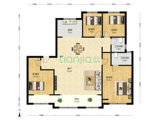 天风锦都 4室1厅2卫 180平方