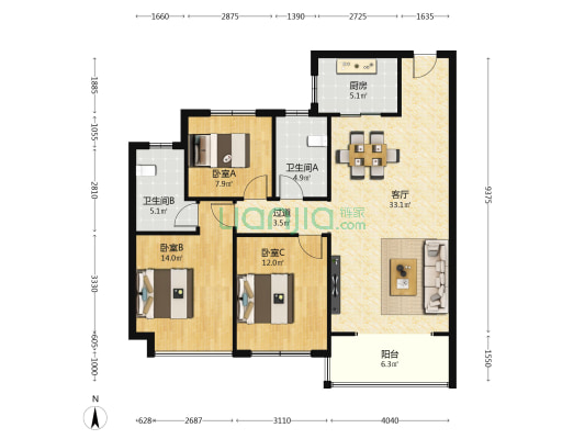 昆仑御五区 3室1厅2卫 128平方
