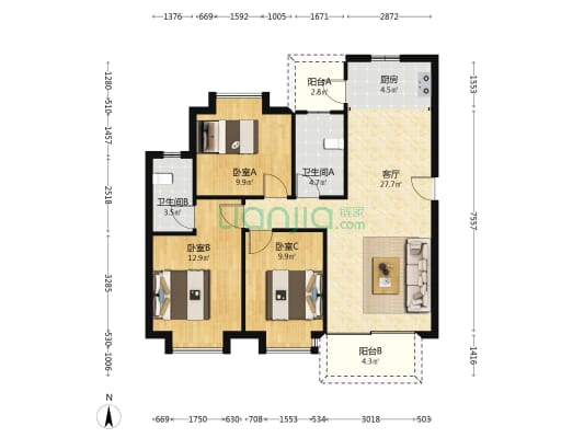 伊景园滨河苑 3室1厅2卫 113平方