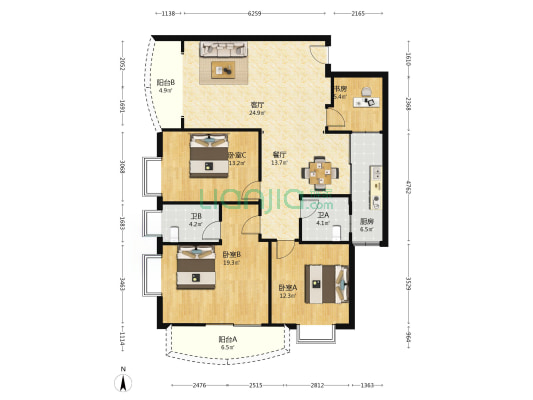 坤隆苑 4室2厅2卫 134平方