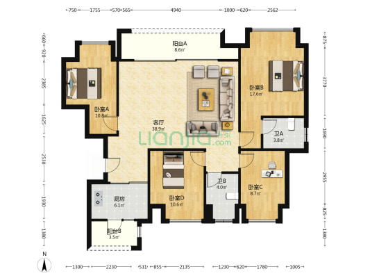 卉森卉林玥二期 4室1厅2卫 128平方