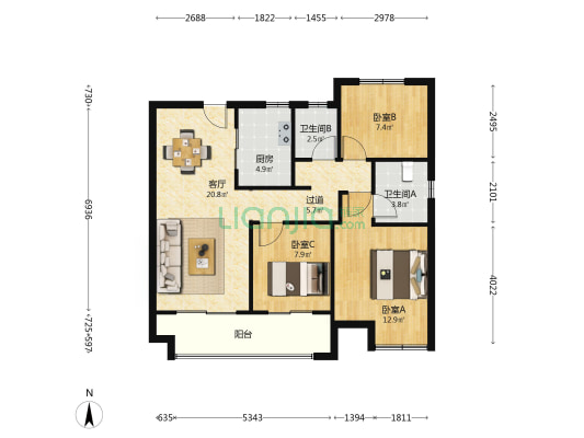 九雅花园 3室1厅2卫 100平方
