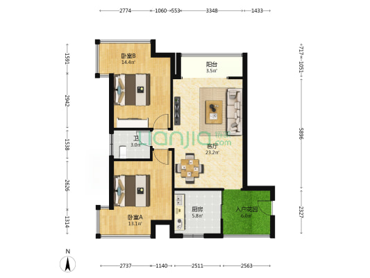 锦天国际 2室1厅1卫 88平方