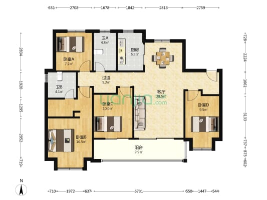 明玥春汀 4室1厅2卫 129平方