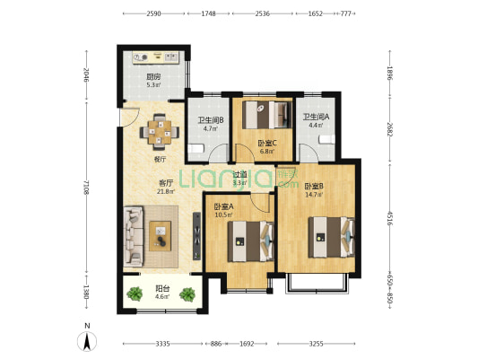 海信九麓府墨园 3室1厅2卫 114平方
