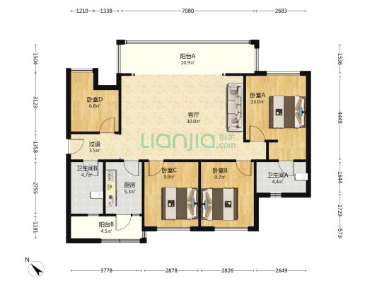 西宸春天 4室1厅2卫 124平方
