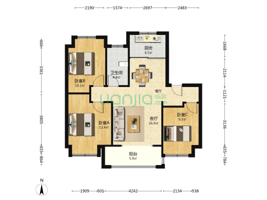 福基凤滨嘉园二期 3室1厅1卫 90平方