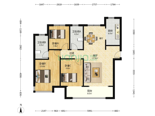雅居乐宏府翰林山 3室1厅2卫 121平方
