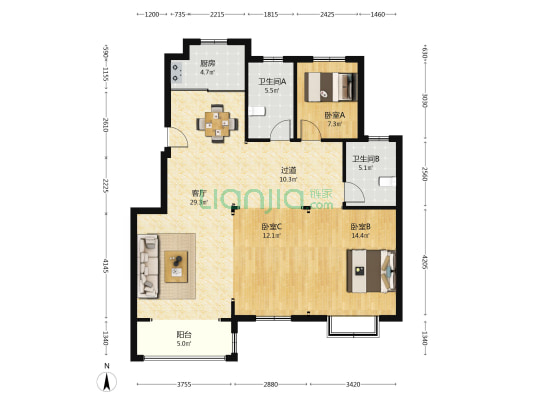 和鑫花园三村 3室1厅2卫 126平方