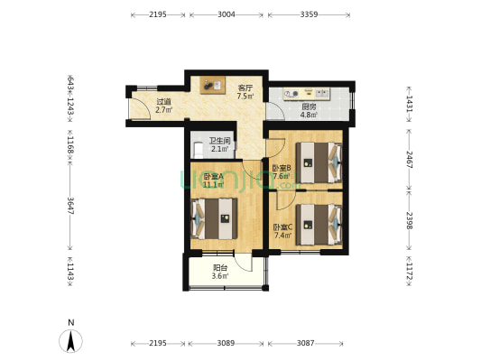 锡拉胡同13号院 3室1厅1卫 61平方