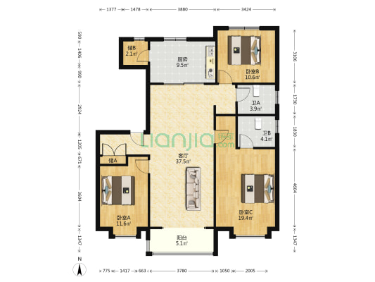 万科君望 3室1厅2卫 143平方