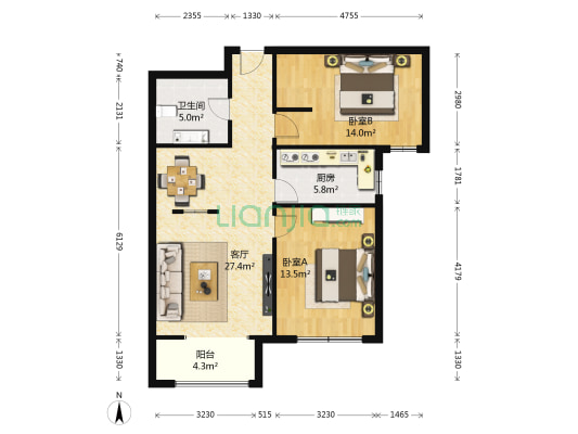 京润现代城6号院 2室1厅1卫 93平方