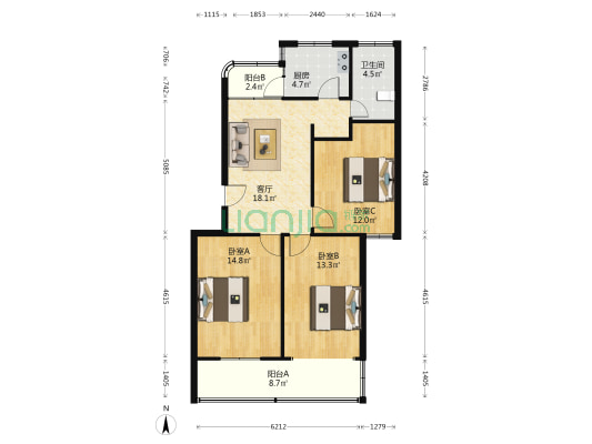 东方中学教工楼 3室1厅1卫 91平方