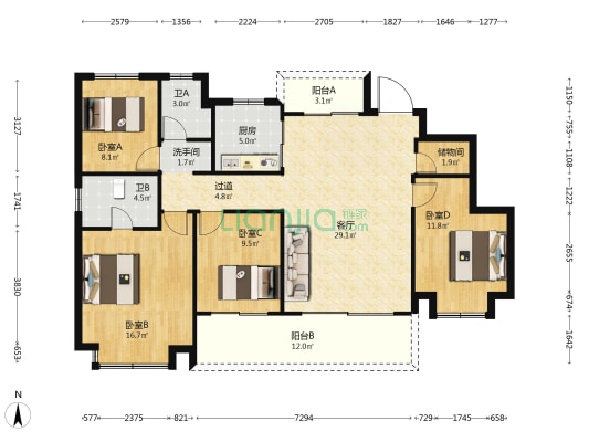 中梁云玺台 4室1厅3卫 142平方