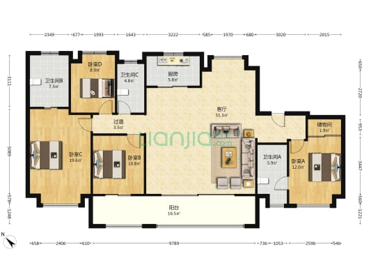 颐和源璟B区 4室1厅3卫 188平方